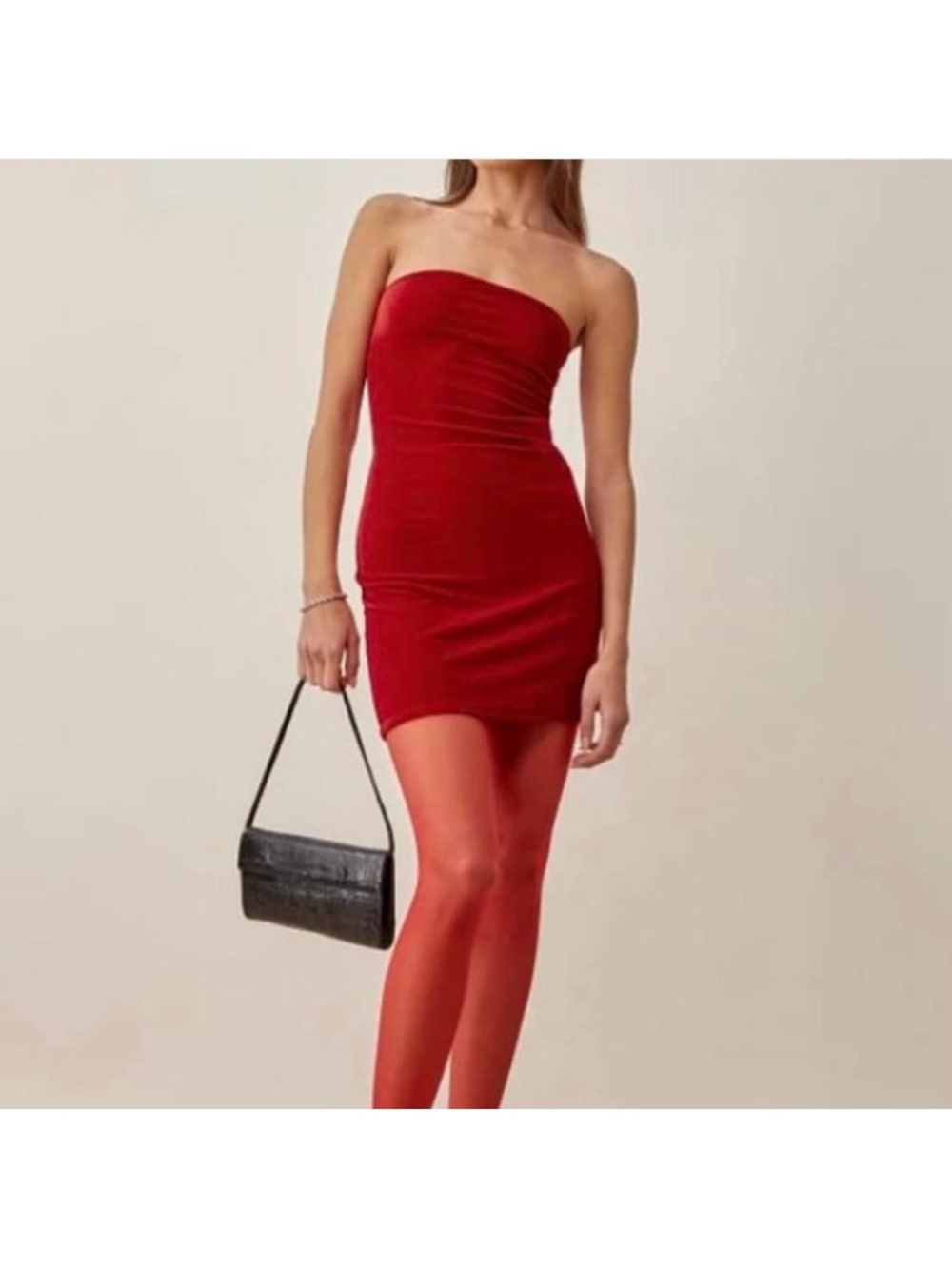 Reformation Red Velvet 90s Fitted Straight Neck Strapless Astro Dress